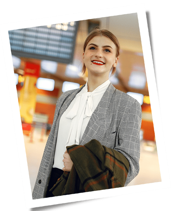 student excited for travel at the airport
